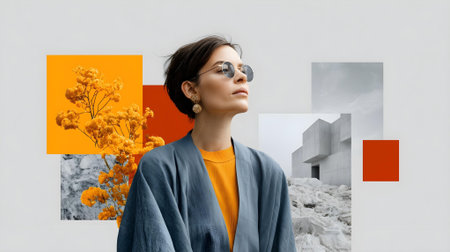 beautiful young woman in sunglasses looking away on white background with collage.ai generatedの素材