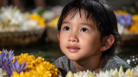 Cute asian little girl holding a lotus flower bouquet.ai generatedの素材