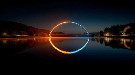 Beautiful night view of the lake with reflection in water. Long exposure.ai generatedの素材