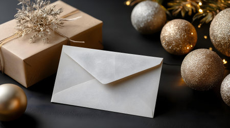 Christmas and New Year greeting card mockup with envelope and gift box on black background.ai generatedの素材