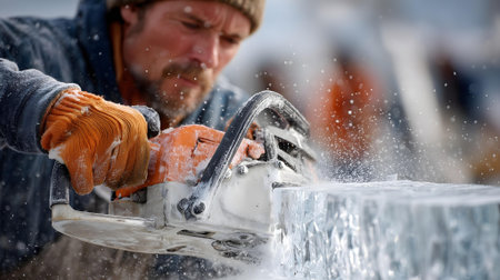 Close-up of a worker cutting an ice block with a chainsaw.ai generatedの素材