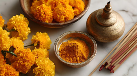 Beautiful marigold flowers and incense sticksle table, closeup.ai generatedの素材