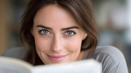 Portrait of beautiful young woman reading book in library. Smiling woman looking at camera.ai generatedの素材