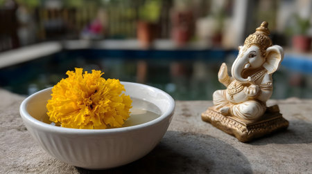 Buddha statue and yellow marigold flower in white bowl.ai generatedの素材