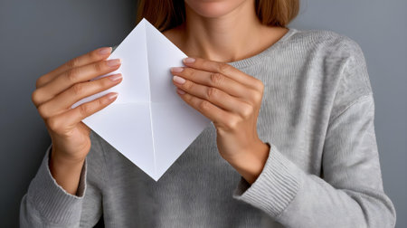 Close up of female hands holding a white paper plane. A girl in a gray sweater is holding a paper plane.ai generatedの素材