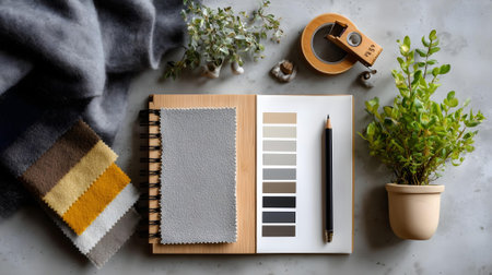 Creative flat lay photo of workspace desk with notebook, stationery and coffee cuple background.ai generatedの素材