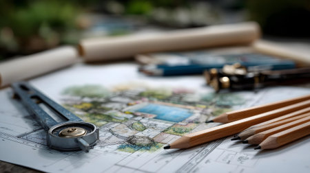 Architectural project with compass, pencils and blueprint rolls on table.ai generatedの素材