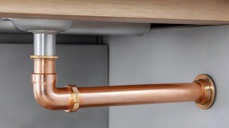 Close-up of a copper pipe in a kitchen cabinet. Horizontal.ai generatedの素材