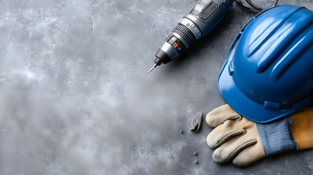 Blue helmet, hard hat, gloves and drill on concrete background.ai generatedの素材