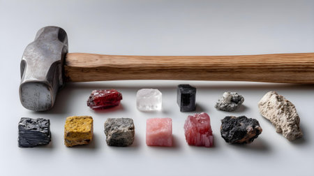 Hammer and minerals on a white background, close-up.ai generatedの素材