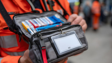 Close-up of a hand holding a first aid kit in the street.ai generatedの素材