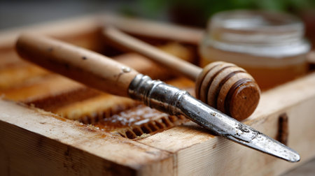 Honey in a wooden box, honeycombs and honey dipper.ai generatedの素材