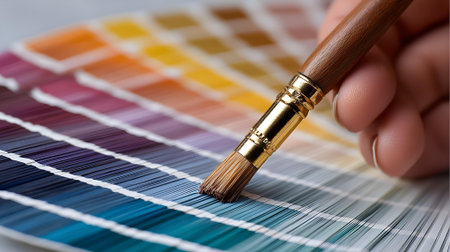 Painter working with color guide, closeup of hand holding paintbrush.ai generatedの素材
