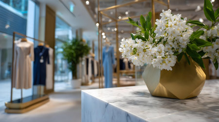 Bouquet of white flowers in a vase on a marble countertop in a boutique.ai generatedの素材