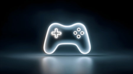 Glowing neon gamepad icon on dark background. 3D rendering.ai generatedの素材