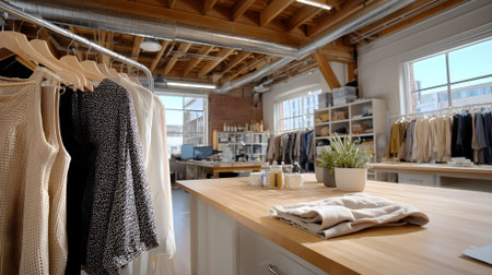 Interior of modern fashion designer clothes store, photo with shallow depth of field.ai generatedの素材