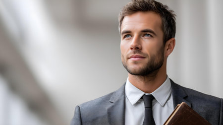Portrait of a handsome young businessman holding a book and looking away.ai generatedの素材