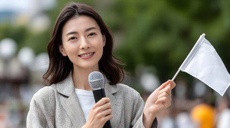 Asian woman holding a white flag and speaking in a public event.ai generatedの素材