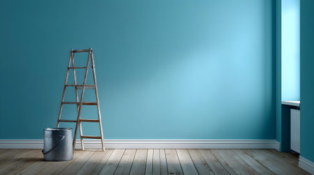 3D rendering of an empty room with a ladder and a bucket.ai generatedの素材