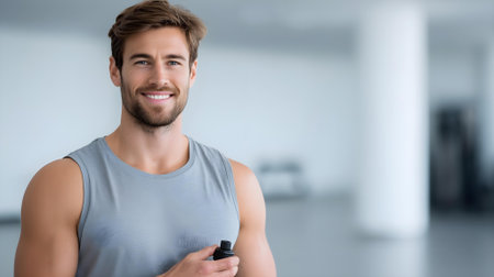 Portrait of handsome young man holding bottle of water in fitness studio.ai generatedの素材