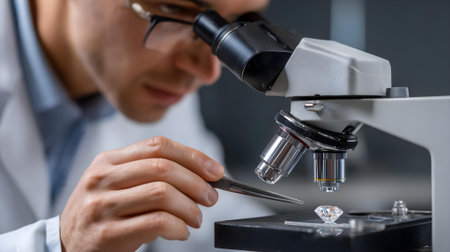 Close-up of a male scientist looking through a microscope in a laboratory.ai generatedの素材