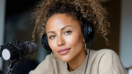 Portrait of beautiful african american woman with headphones and microphone.ai generatedの素材