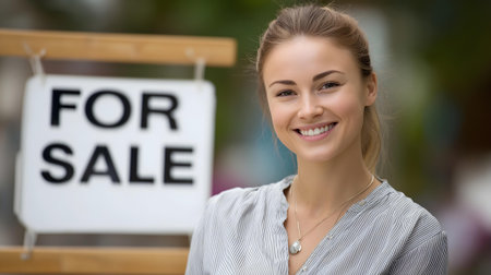 Portrait of a beautiful young woman with a sign for For Sale.ai generatedの素材