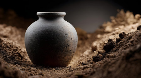 Old clay vase in the soil. Black background. Selective focus.ai generatedの素材