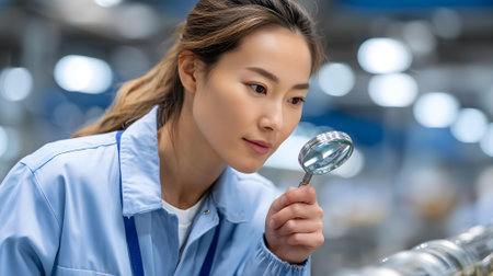 young asian female worker looking through magnifying glass in modern factory.ai generatedの素材