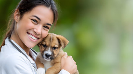Portrait of a beautiful young asian woman holding a puppy.ai generatedの素材