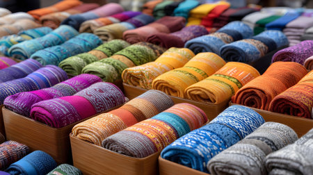 Colorful silk necklaces for sale at a market in India.ai generatedの素材