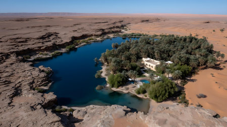 Aerial view of a small lake in the middle of the Sahara desert.ai generatedの素材