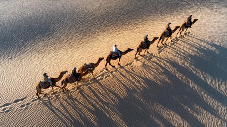 Camel caravan in the Sahara desert, Morocco. Aerial view.ai generatedの素材