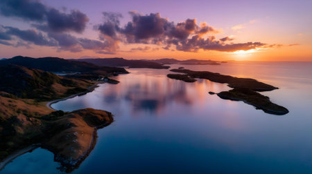 Aerial view of a beautiful sunset over the sea and islands.ai generatedの素材