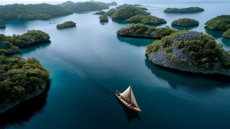 Aerial view of a sailboat sailing in the sea surrounded by islands.ai generatedの素材