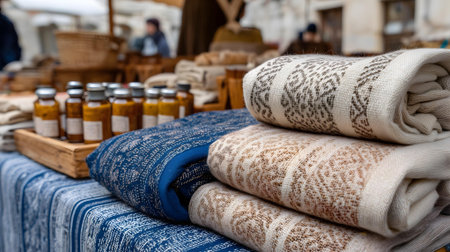Carpets for sale at a flea market .ai generatedの素材