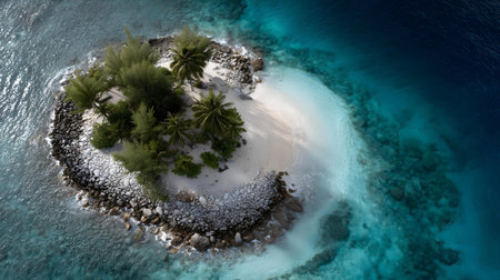 Aerial view of a small island with palm trees in the ocean.ai generatedの素材