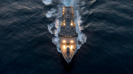 Aerial view of the frigate on the water in the sea.ai generatedの素材