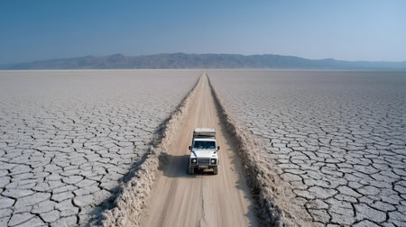 Aerial view of a truck driving on a dry and cracked desert road.ai generatedの素材