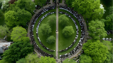 Aerial view of a large group of people sitting in a circle in a park.ai generatedの素材
