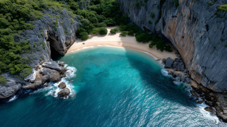 Aerial view of a beautiful beach on the island . ai generatedの素材