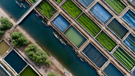 Aerial view of a fishing boat in a lake surrounded by greenery.ai generatedの素材