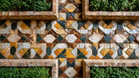 Colorful ceramic tiles in the garden.ai generatedの素材