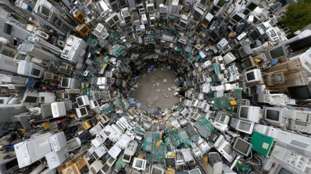 Aerial view of old computer monitor in a data center. 3D rendering.ai generatedの素材