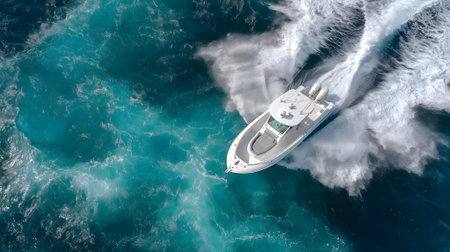 Aerial view of a luxury motor yacht in the blue ocean.ai generatedの素材