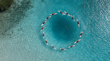Aerial view of a group of kayaks in the sea.ai generatedの素材