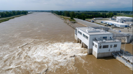 Aerial view of hydroelectric power station on the river .ai generatedの素材