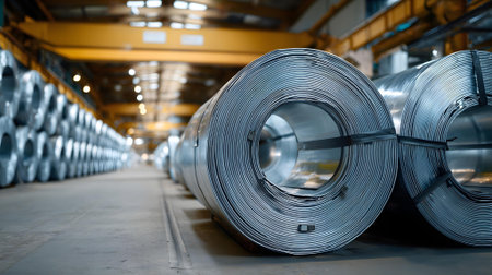 Rolls of cold-rolled galvanized steel in stock, .ai generatedの素材
