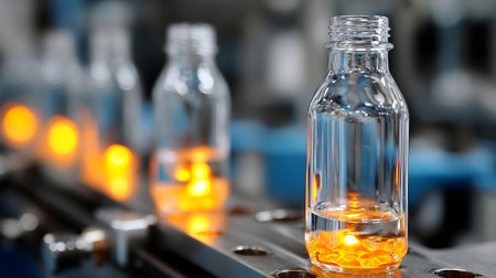 Laboratory glassware on conveyor belt in factory, closeup.ai generatedの素材