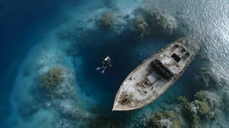 Aerial view of a sunken boat with a scuba diver in the water.ai generatedの素材